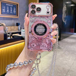 Custodia per telefono galvanizzata con fiori glitterati sfumati, cinturino con perline e catena lunga, For iPhone 17 Pro Max, For iPhone 17 Pro, For iPhone 17, For iPhone Air, For iPhone 16 Pro Max, For iPhone 16 Pro