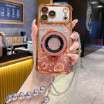 Custodia per telefono galvanizzata con fiori glitterati sfumati, cinturino con perline e catena lunga, For iPhone 17 Pro Max, For iPhone 17 Pro, For iPhone 17, For iPhone Air, For iPhone 16 Pro Max, For iPhone 16 Pro