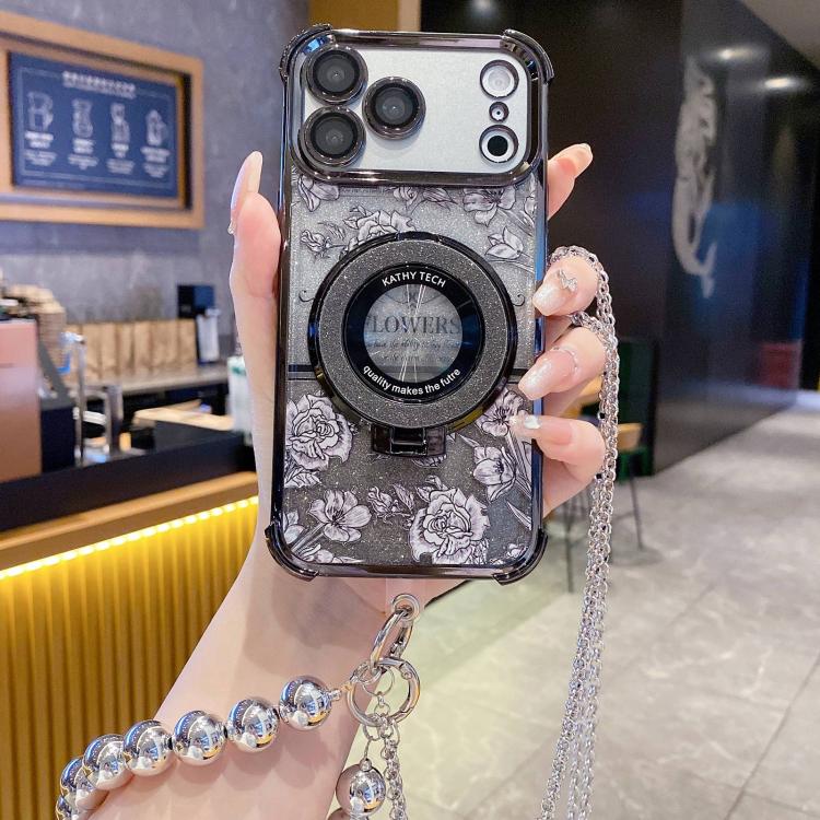 Custodia per telefono galvanizzata con fiori glitterati sfumati, cinturino con perline e catena lunga, For iPhone 17 Pro Max, For iPhone 17 Pro, For iPhone 17, For iPhone Air, For iPhone 16 Pro Max, For iPhone 16 Pro