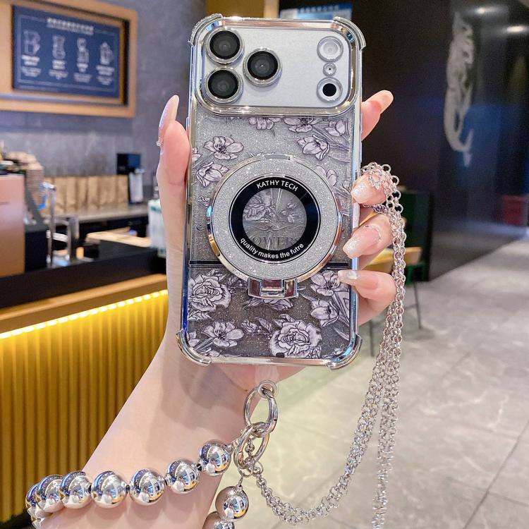 Custodia per telefono galvanizzata con fiori glitterati sfumati, cinturino con perline e catena lunga, For iPhone 17 Pro Max, For iPhone 17 Pro, For iPhone 17, For iPhone Air, For iPhone 16 Pro Max, For iPhone 16 Pro