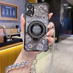 Custodia per telefono galvanizzata con fiori glitterati sfumati, cinturino con perline e catena lunga, For iPhone 17 Pro Max, For iPhone 17 Pro, For iPhone 17, For iPhone Air, For iPhone 16 Pro Max, For iPhone 16 Pro