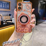 Custodia per telefono galvanizzata con fiori glitterati sfumati, cinturino con perline e catena lunga, For iPhone 17 Pro Max, For iPhone 17 Pro, For iPhone 17, For iPhone Air, For iPhone 16 Pro Max, For iPhone 16 Pro