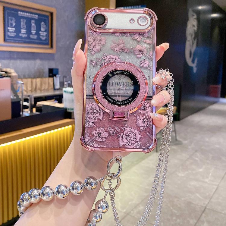 Custodia per telefono galvanizzata con fiori glitterati sfumati, cinturino con perline e catena lunga, For iPhone 17 Pro Max, For iPhone 17 Pro, For iPhone 17, For iPhone Air, For iPhone 16 Pro Max, For iPhone 16 Pro