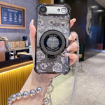 Custodia per telefono galvanizzata con fiori glitterati sfumati, cinturino con perline e catena lunga, For iPhone 17 Pro Max, For iPhone 17 Pro, For iPhone 17, For iPhone Air, For iPhone 16 Pro Max, For iPhone 16 Pro