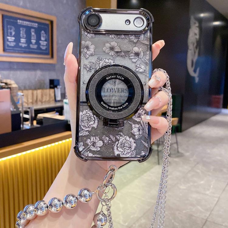 Custodia per telefono galvanizzata con fiori glitterati sfumati, cinturino con perline e catena lunga, For iPhone 17 Pro Max, For iPhone 17 Pro, For iPhone 17, For iPhone Air, For iPhone 16 Pro Max, For iPhone 16 Pro