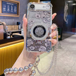 Custodia per telefono galvanizzata con fiori glitterati sfumati, cinturino con perline e catena lunga, For iPhone 17 Pro Max, For iPhone 17 Pro, For iPhone 17, For iPhone Air, For iPhone 16 Pro Max, For iPhone 16 Pro