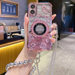 Custodia per telefono galvanizzata con fiori glitterati sfumati, cinturino con perline e catena lunga, For iPhone 16 Plus, For iPhone 16, For iPhone 15 Pro Max, For iPhone 15 Pro, For iPhone 15 Plus, For iPhone 15