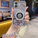 Custodia per telefono galvanizzata con fiori glitterati sfumati, cinturino con perline e catena lunga, For iPhone 16 Plus, For iPhone 16, For iPhone 15 Pro Max, For iPhone 15 Pro, For iPhone 15 Plus, For iPhone 15