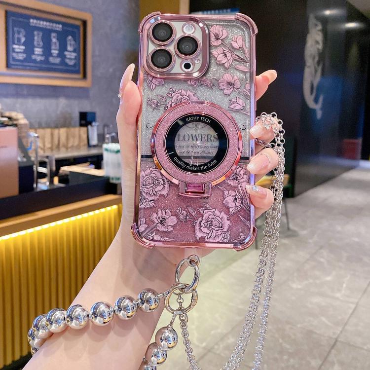 Custodia per telefono galvanizzata con fiori glitterati sfumati, cinturino con perline e catena lunga, For iPhone 16 Plus, For iPhone 16, For iPhone 15 Pro Max, For iPhone 15 Pro, For iPhone 15 Plus, For iPhone 15