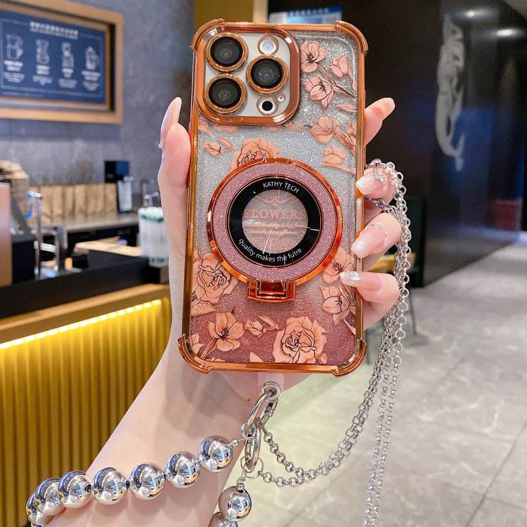 Custodia per telefono galvanizzata con fiori glitterati sfumati, cinturino con perline e catena lunga, For iPhone 16 Plus, For iPhone 16, For iPhone 15 Pro Max, For iPhone 15 Pro, For iPhone 15 Plus, For iPhone 15