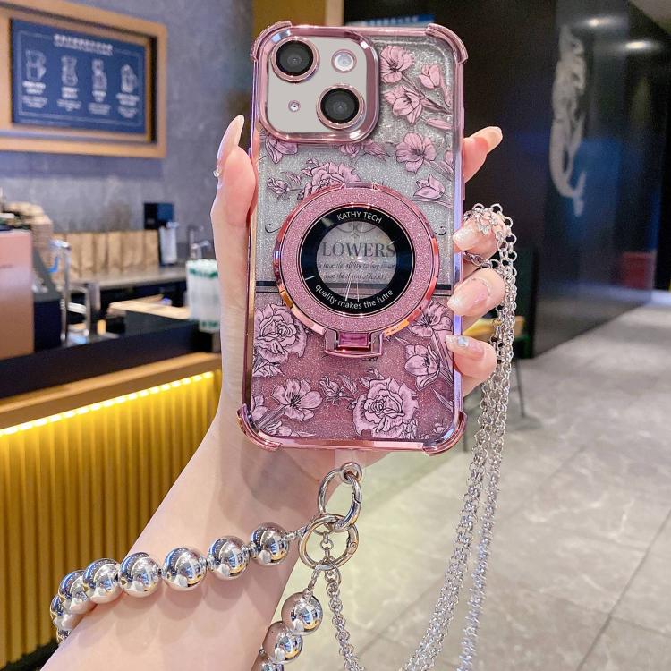 Custodia per telefono galvanizzata con fiori glitterati sfumati, cinturino con perline e catena lunga, For iPhone 16 Plus, For iPhone 16, For iPhone 15 Pro Max, For iPhone 15 Pro, For iPhone 15 Plus, For iPhone 15