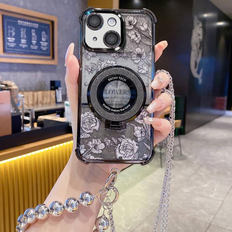 Custodia per telefono galvanizzata con fiori glitterati sfumati, cinturino con perline e catena lunga, For iPhone 14 Plus, For iPhone 14, For iPhone 14 Pro, For iPhone 14 Pro Max, For iPhone 13 Pro Max, For iPhone 13 Pro