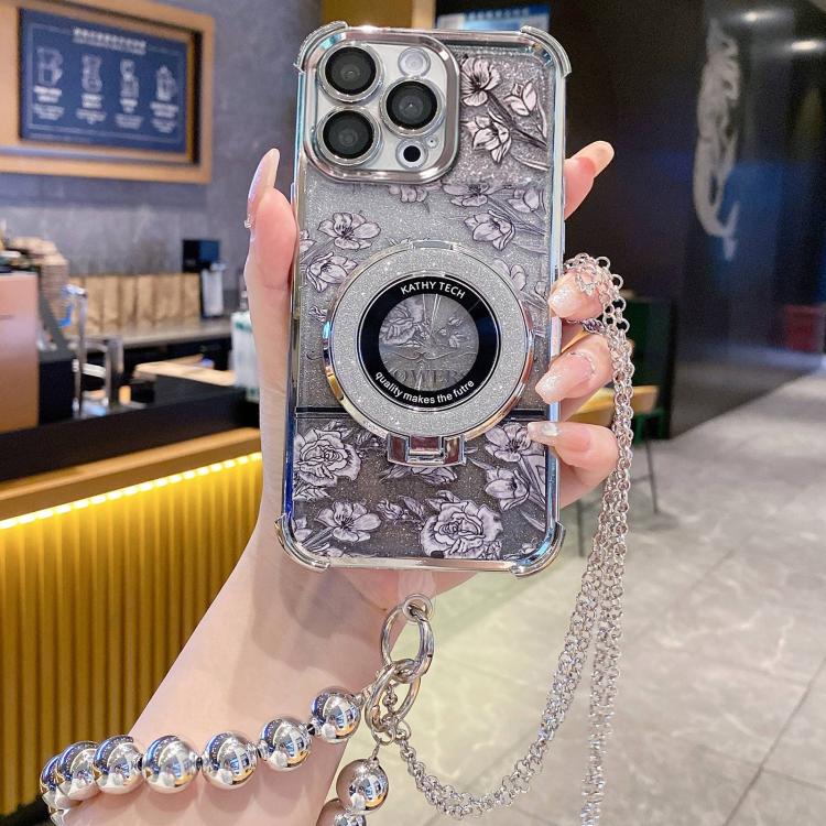 Custodia per telefono galvanizzata con fiori glitterati sfumati, cinturino con perline e catena lunga, For iPhone 14 Plus, For iPhone 14, For iPhone 14 Pro, For iPhone 14 Pro Max, For iPhone 13 Pro Max, For iPhone 13 Pro