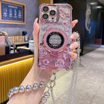 Custodia per telefono galvanizzata con fiori glitterati sfumati, cinturino con perline e catena lunga, For iPhone 14 Plus, For iPhone 14, For iPhone 14 Pro, For iPhone 14 Pro Max, For iPhone 13 Pro Max, For iPhone 13 Pro