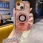 Custodia per telefono galvanizzata con fiori glitterati sfumati, cinturino con perline e catena lunga, For iPhone 13, For iPhone 12, For iPhone 12 Pro Max, For iPhone 12 Pro, For iPhone 11 Pro Max, For iPhone 11