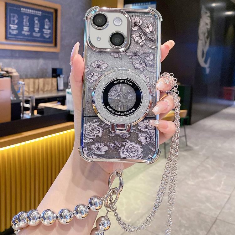 Custodia per telefono galvanizzata con fiori glitterati sfumati, cinturino con perline e catena lunga, For iPhone 13, For iPhone 12, For iPhone 12 Pro Max, For iPhone 12 Pro, For iPhone 11 Pro Max, For iPhone 11