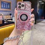Custodia per telefono galvanizzata con fiori glitterati sfumati, cinturino con perline e catena lunga, For iPhone 13, For iPhone 12, For iPhone 12 Pro Max, For iPhone 12 Pro, For iPhone 11 Pro Max, For iPhone 11