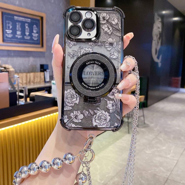 Custodia per telefono galvanizzata con fiori glitterati sfumati, cinturino con perline e catena lunga, For iPhone 13, For iPhone 12, For iPhone 12 Pro Max, For iPhone 12 Pro, For iPhone 11 Pro Max, For iPhone 11