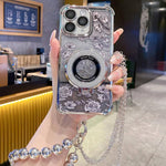 Custodia per telefono galvanizzata con fiori glitterati sfumati, cinturino con perline e catena lunga, For iPhone 13, For iPhone 12, For iPhone 12 Pro Max, For iPhone 12 Pro, For iPhone 11 Pro Max, For iPhone 11