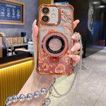 Custodia per telefono galvanizzata con fiori glitterati sfumati, cinturino con perline e catena lunga, For iPhone 13, For iPhone 12, For iPhone 12 Pro Max, For iPhone 12 Pro, For iPhone 11 Pro Max, For iPhone 11