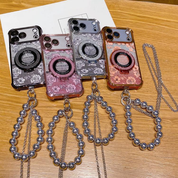 Custodia per telefono galvanizzata con fiori glitterati sfumati, cinturino con perline e catena lunga, For iPhone 16 Plus, For iPhone 16, For iPhone 15 Pro Max, For iPhone 15 Pro, For iPhone 15 Plus, For iPhone 15