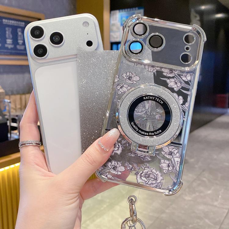 Custodia per telefono galvanizzata con fiori glitterati sfumati, cinturino con perline e catena lunga, For iPhone 17 Pro Max, For iPhone 17 Pro, For iPhone 17, For iPhone Air, For iPhone 16 Pro Max, For iPhone 16 Pro