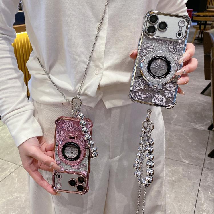 Custodia per telefono galvanizzata con fiori glitterati sfumati, cinturino con perline e catena lunga, For iPhone 17 Pro Max, For iPhone 17 Pro, For iPhone 17, For iPhone Air, For iPhone 16 Pro Max, For iPhone 16 Pro