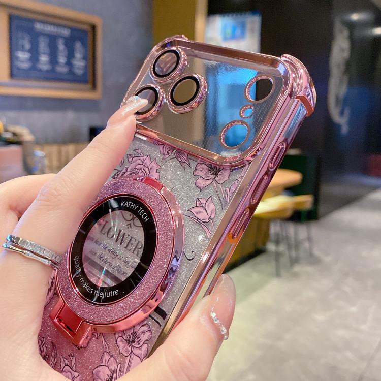 Custodia per telefono galvanizzata con fiori glitterati sfumati, cinturino con perline e catena lunga, For iPhone 14 Plus, For iPhone 14, For iPhone 14 Pro, For iPhone 14 Pro Max, For iPhone 13 Pro Max, For iPhone 13 Pro