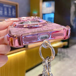 Custodia per telefono galvanizzata con fiori glitterati sfumati, cinturino con perline e catena lunga, For iPhone 16 Plus, For iPhone 16, For iPhone 15 Pro Max, For iPhone 15 Pro, For iPhone 15 Plus, For iPhone 15
