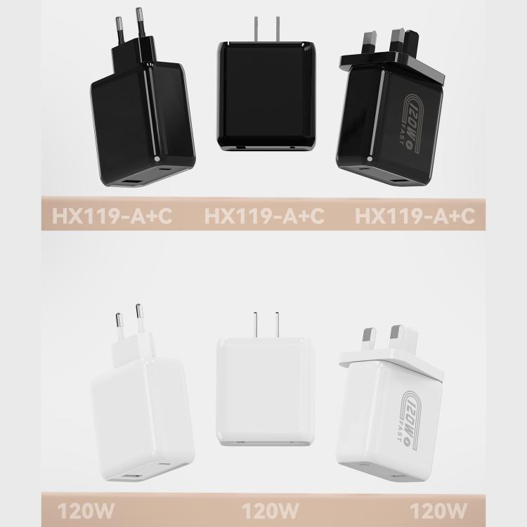 Caricabatterie rapido HX119 da 120 W con doppia interfaccia USB e Type-C, EU Plug, UK Plug, US Plug