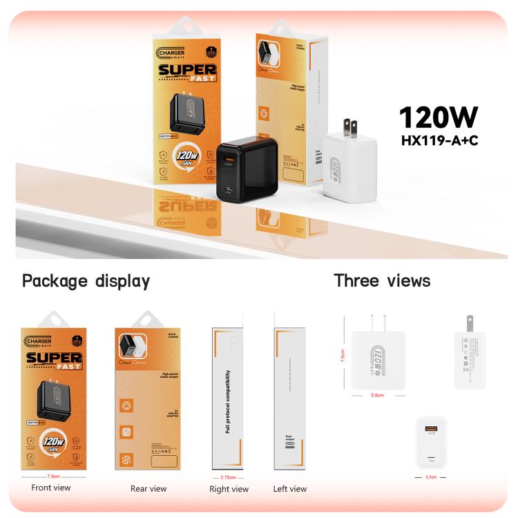 Caricabatterie rapido HX119 da 120 W con doppia interfaccia USB e Type-C, EU Plug, UK Plug, US Plug
