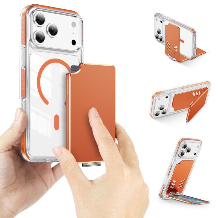 Portafoglio con clip magnetica in metallo e supporto pieghevole.