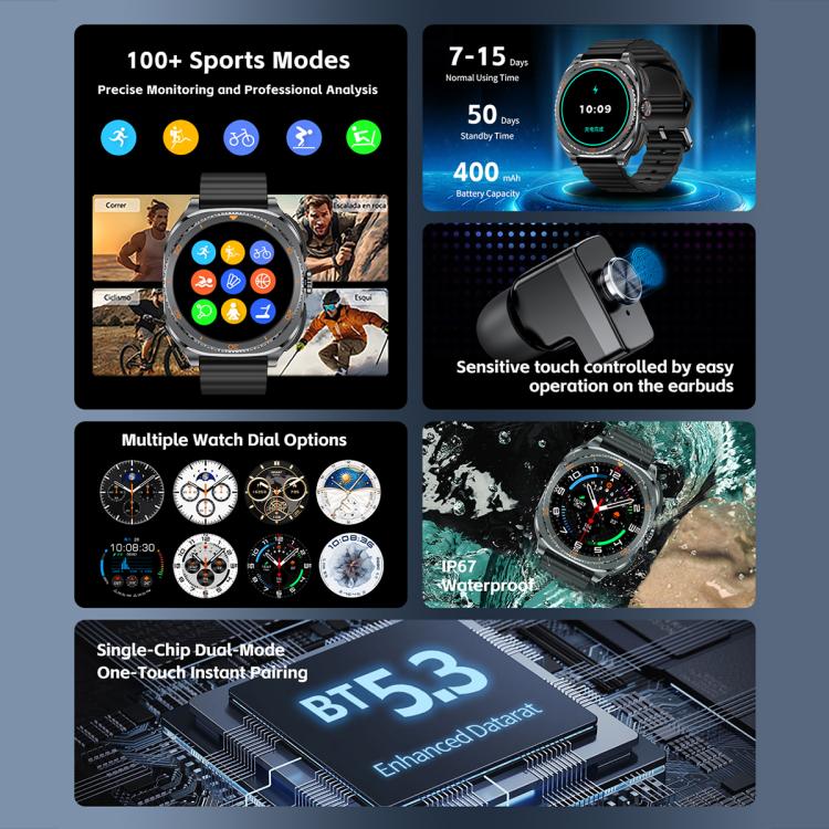 Orologio sportivo intelligente GT99 2 in 1 con display da 1,53 pollici e auricolari Bluetooth TWS.