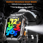 Smartwatch MT62 con display IPS da 2,01 pollici, batteria da 1000 mAh e torcia, ideale per avventure all'aria aperta.