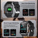 Smartwatch MT62 con display IPS da 2,01 pollici, batteria da 1000 mAh e torcia, ideale per avventure all'aria aperta.