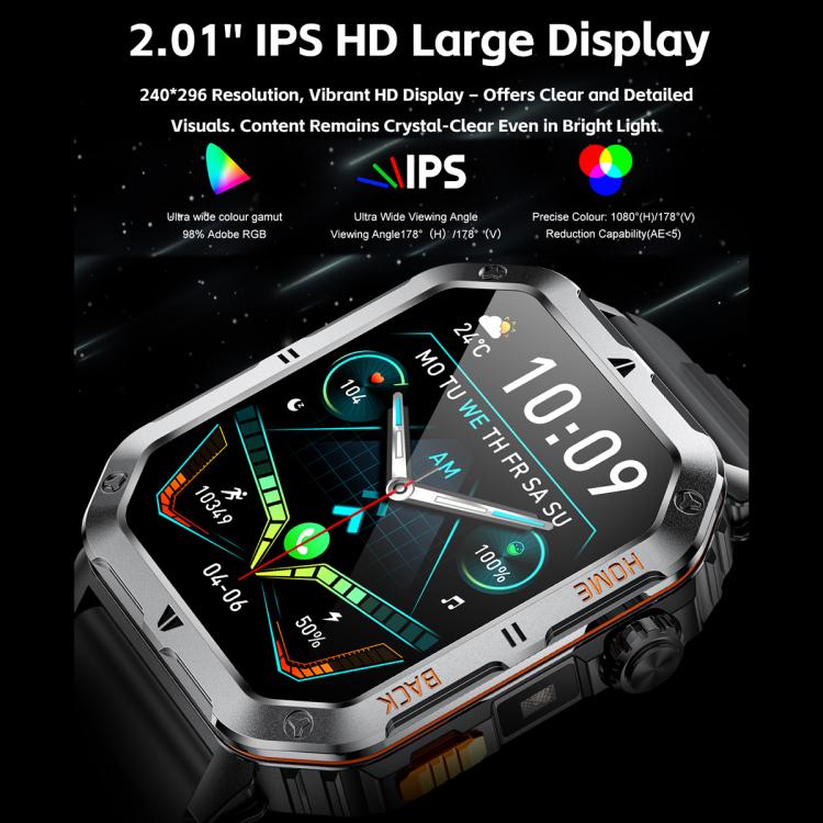 Smartwatch MT62 con display IPS da 2,01 pollici, batteria da 1000 mAh e torcia, ideale per avventure all'aria aperta.
