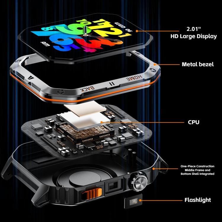 Smartwatch MT62 con display IPS da 2,01 pollici, batteria da 1000 mAh e torcia, ideale per avventure all'aria aperta.