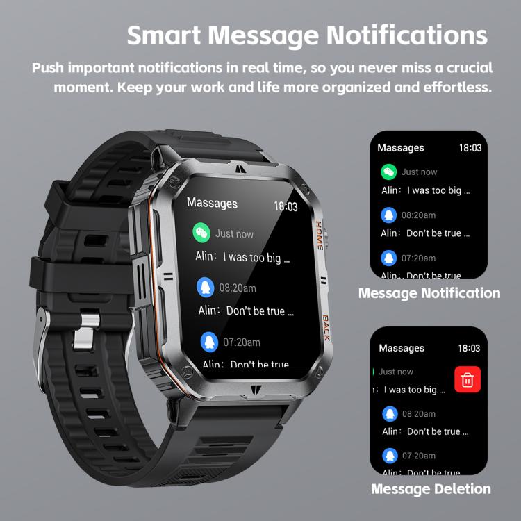 Smartwatch MT62 con display IPS da 2,01 pollici, batteria da 1000 mAh e torcia, ideale per avventure all'aria aperta.