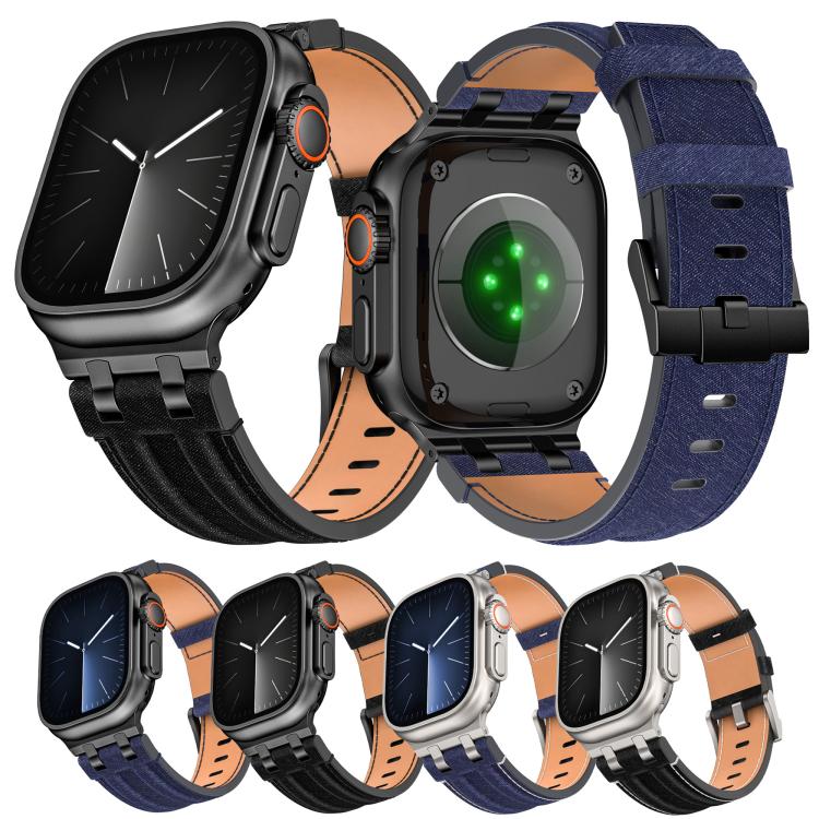 Cinturino per orologio in ecopelle con cuciture in denim, For Apple Watch 46mm / 49mm / 45mm / 44mm