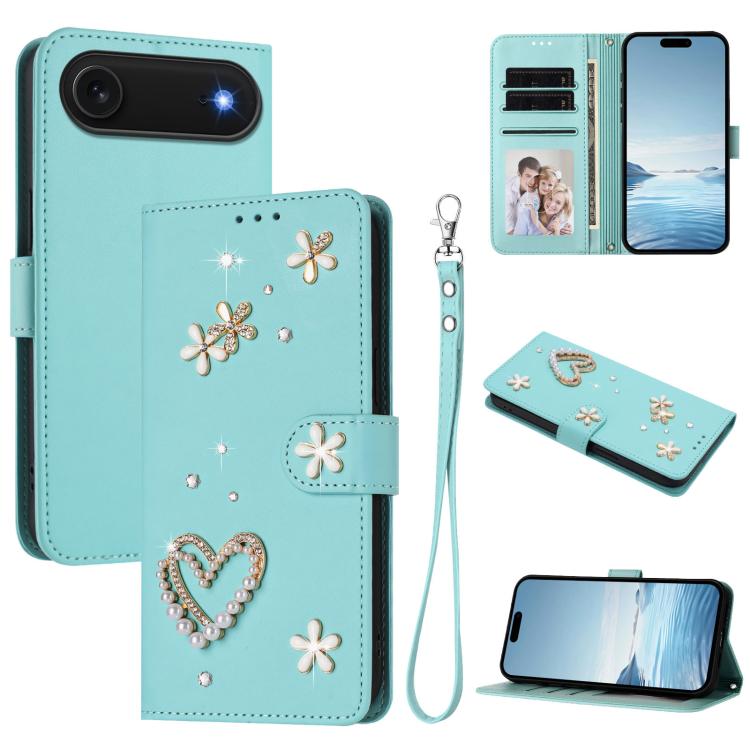 ZS01 Custodia per telefono a doppio strato in ecopelle vegana con motivo floreale a cuori e cinturino da polso, For iPhone 17, For iPhone Air, For iPhone 16 Pro Max