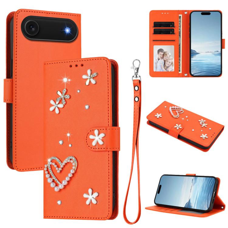 ZS01 Custodia per telefono a doppio strato in ecopelle vegana con motivo floreale a cuori e cinturino da polso, For iPhone 17, For iPhone Air, For iPhone 16 Pro Max