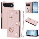 ZS01 Custodia per telefono a doppio strato in ecopelle vegana con motivo floreale a cuori e cinturino da polso, For iPhone 17, For iPhone Air, For iPhone 16 Pro Max