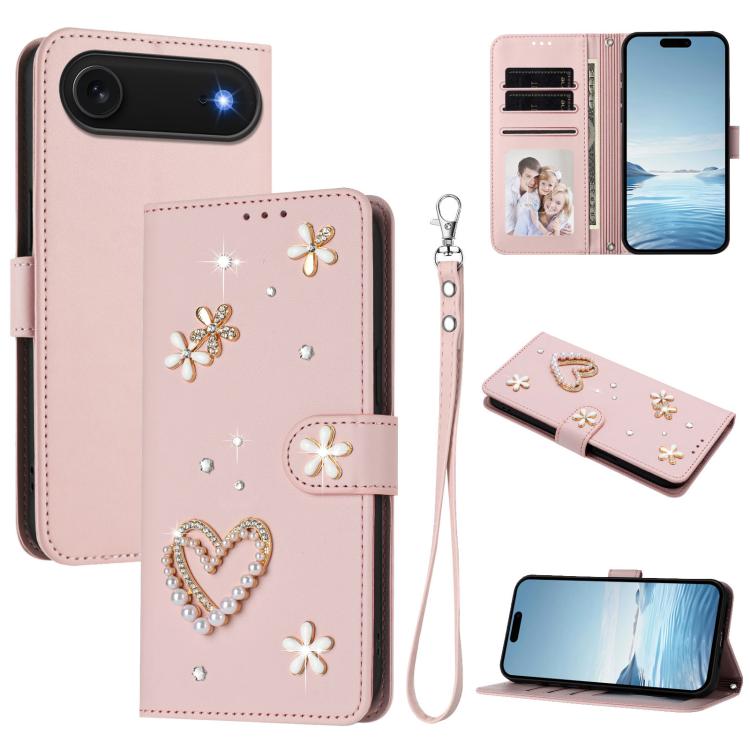 ZS01 Custodia per telefono a doppio strato in ecopelle vegana con motivo floreale a cuori e cinturino da polso, For iPhone 17, For iPhone Air, For iPhone 16 Pro Max