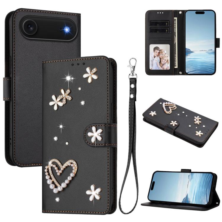 ZS01 Custodia per telefono a doppio strato in ecopelle vegana con motivo floreale a cuori e cinturino da polso, For iPhone 17, For iPhone Air, For iPhone 16 Pro Max
