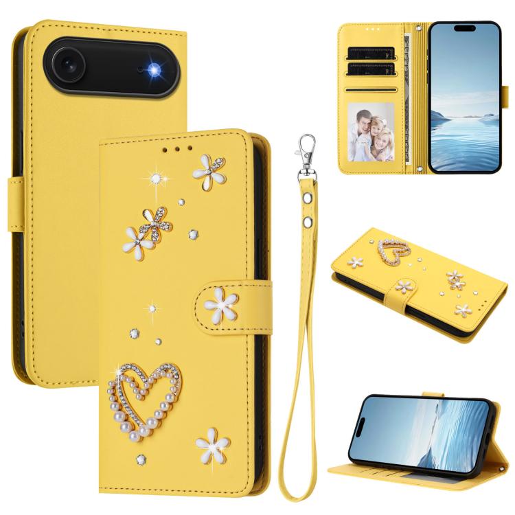 ZS01 Custodia per telefono a doppio strato in ecopelle vegana con motivo floreale a cuori e cinturino da polso, For iPhone 17, For iPhone Air, For iPhone 16 Pro Max