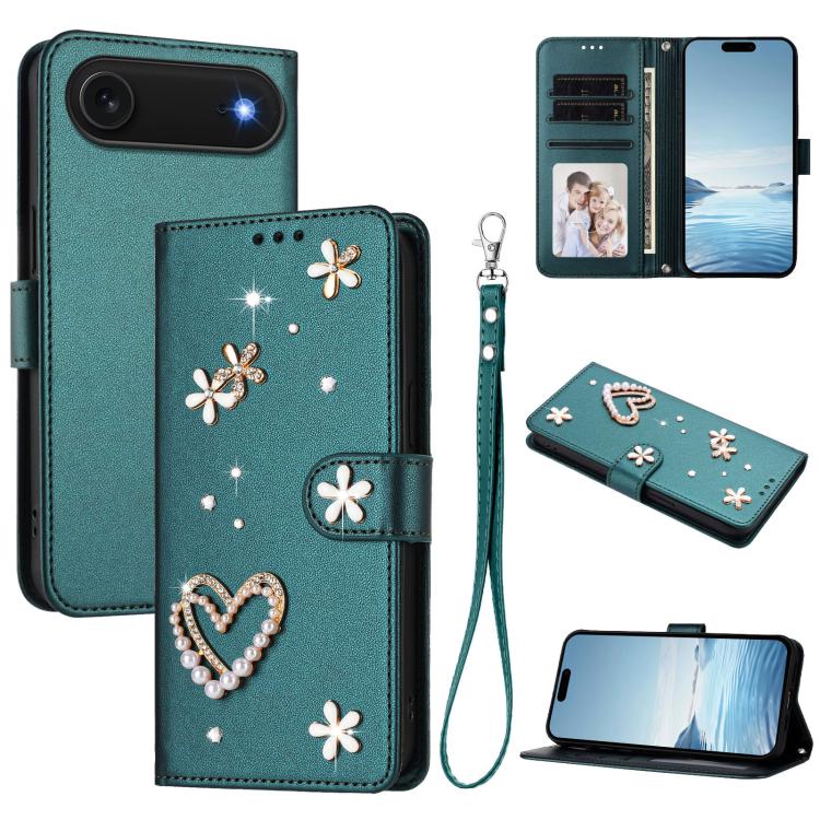 ZS01 Custodia per telefono a doppio strato in ecopelle vegana con motivo floreale a cuori e cinturino da polso, For iPhone 17, For iPhone Air, For iPhone 16 Pro Max