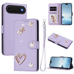 ZS01 Custodia per telefono a doppio strato in ecopelle vegana con motivo floreale a cuori e cinturino da polso, For iPhone 17, For iPhone Air, For iPhone 16 Pro Max