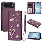 ZS01 Custodia per telefono a doppio strato in ecopelle vegana con motivo floreale a cuori e cinturino da polso, For iPhone 17, For iPhone Air, For iPhone 16 Pro Max