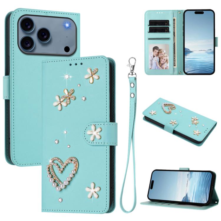 ZS01 Custodia per telefono a doppio strato in ecopelle vegana con motivo floreale a cuori e cinturino da polso, For iPhone 17e / 16e, For iPhone 17 Pro Max, For iPhone 17 Pro