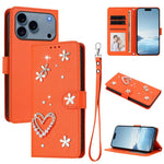 ZS01 Custodia per telefono a doppio strato in ecopelle vegana con motivo floreale a cuori e cinturino da polso, For iPhone 17e / 16e, For iPhone 17 Pro Max, For iPhone 17 Pro